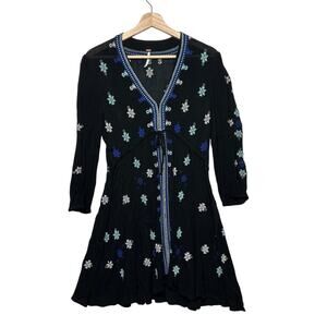 Free People Stargazer Embroidered Mini Dress Tunic Black Blue Sz S Boho Festival